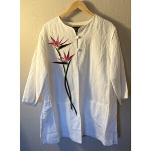 Vintage Bob Mackie Size XL 3/4 Linen Blend White Bird of Paradise Tunic Pockets